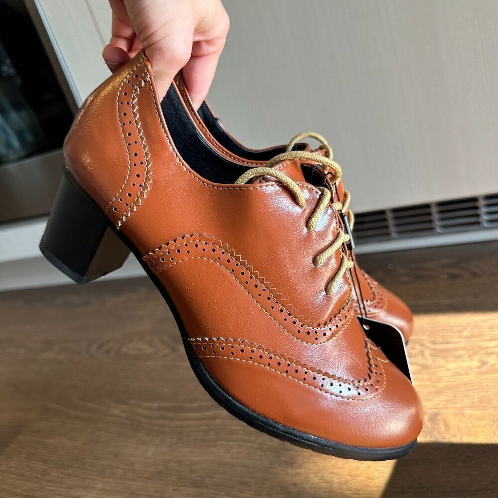 BNIB Odema Brown Brogue Lace Up‎ Oxford Tip Chunky Heels Leather Shoes - Size 8 - Picture 6 of 9